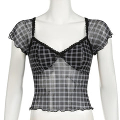 Short sleeve plaid lace hem bowknot mesh top
