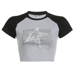 Ribbed patchwork star pattern contrast short sleeve crop top