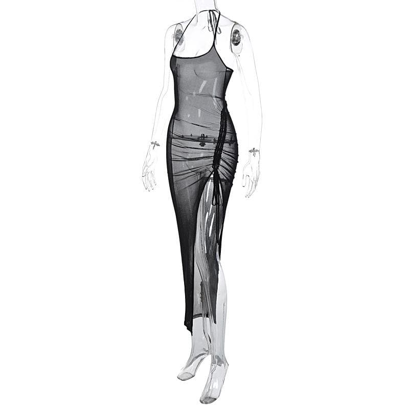 Halter drawstring sheer mesh see through slit backless maxi dress  | samba dress