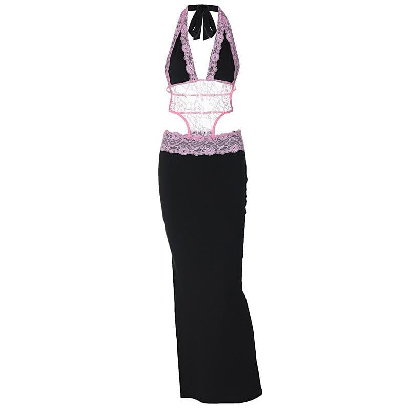 Halter patchwork lace deep v neck maxi dress
