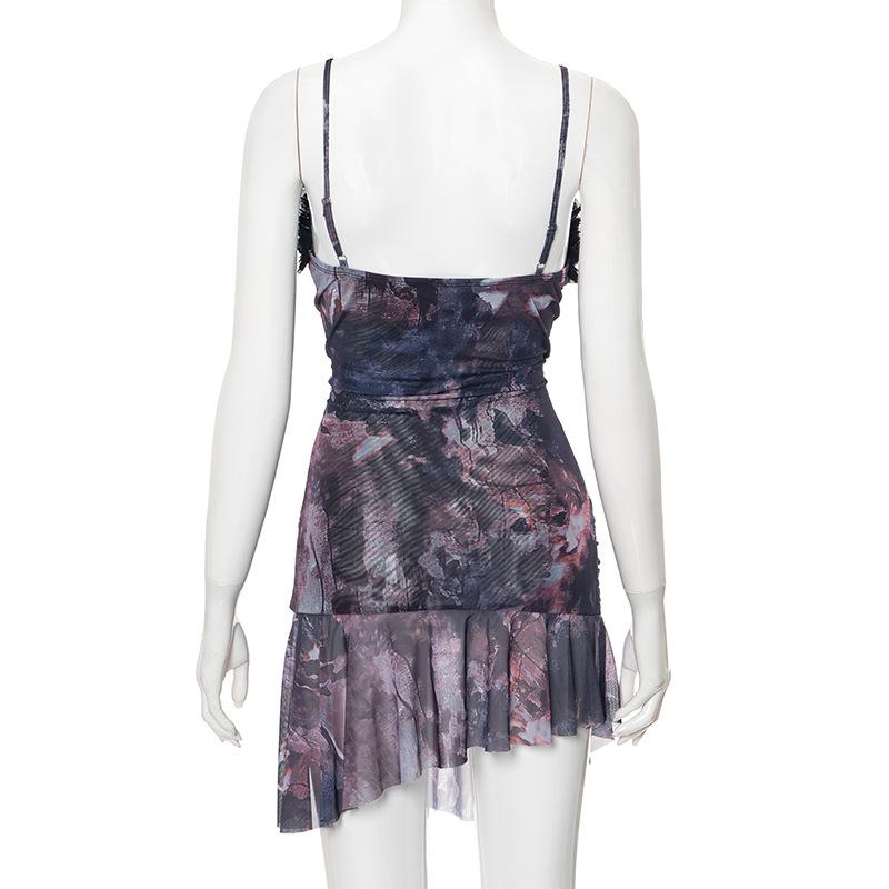 Double layered mesh ruffle hollow out cami cut out mini dress  | red tango dress