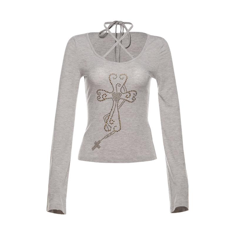Halter long sleeve self tie beaded top