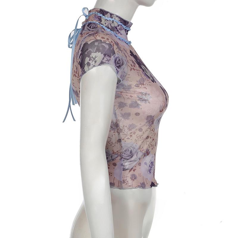 Short sleeve high neck print mesh knotted top