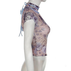Short sleeve high neck print mesh knotted top