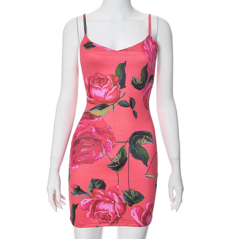 Rose print v neck backless cami mini dress  | red tango dress