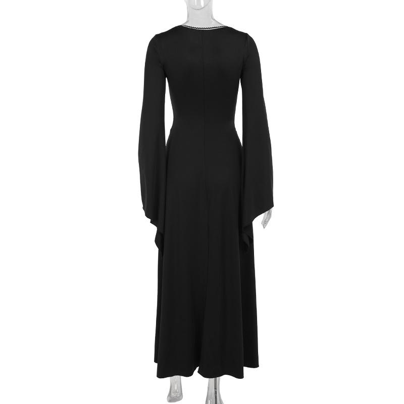Long flared sleeve v neck embroidery maxi dress