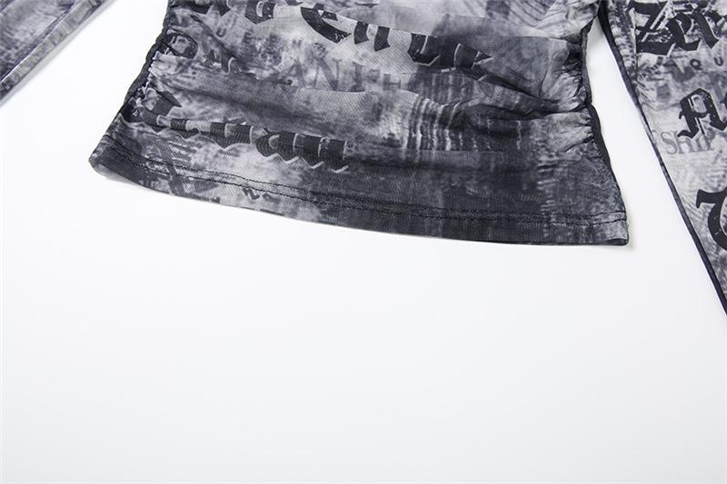 Cowl neck long sleeve mesh abstract print top
