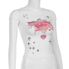 Cap sleeve round neck lace print top