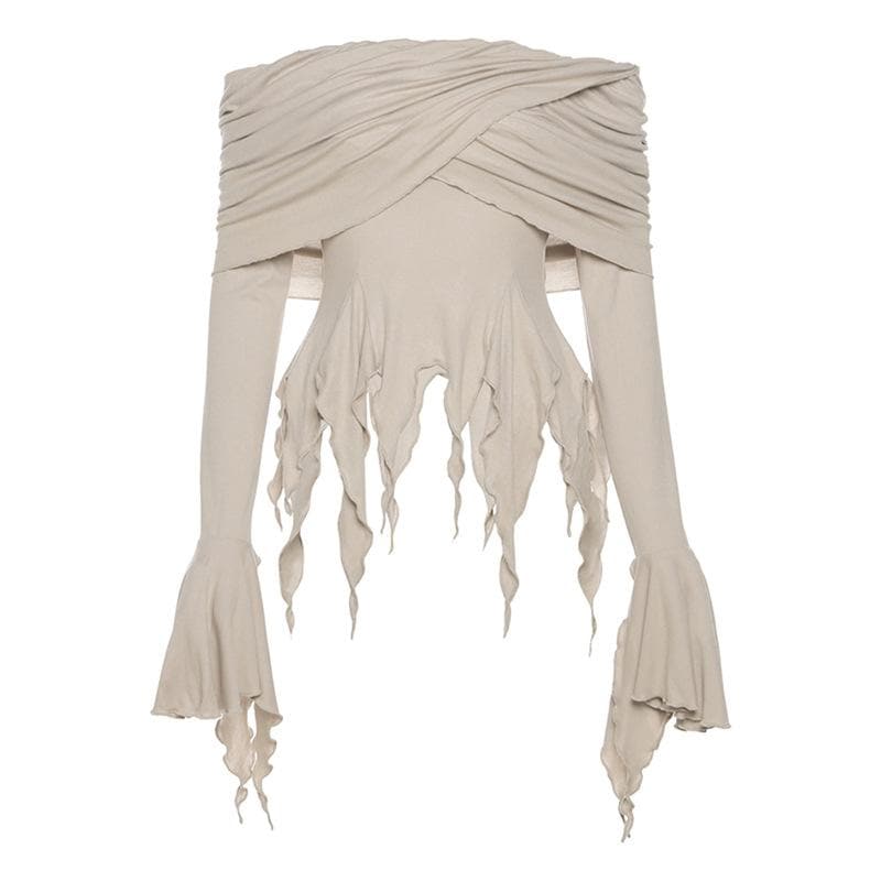 Ruffle long flared sleeve ruched off shoulder solid hoodie 2-way top