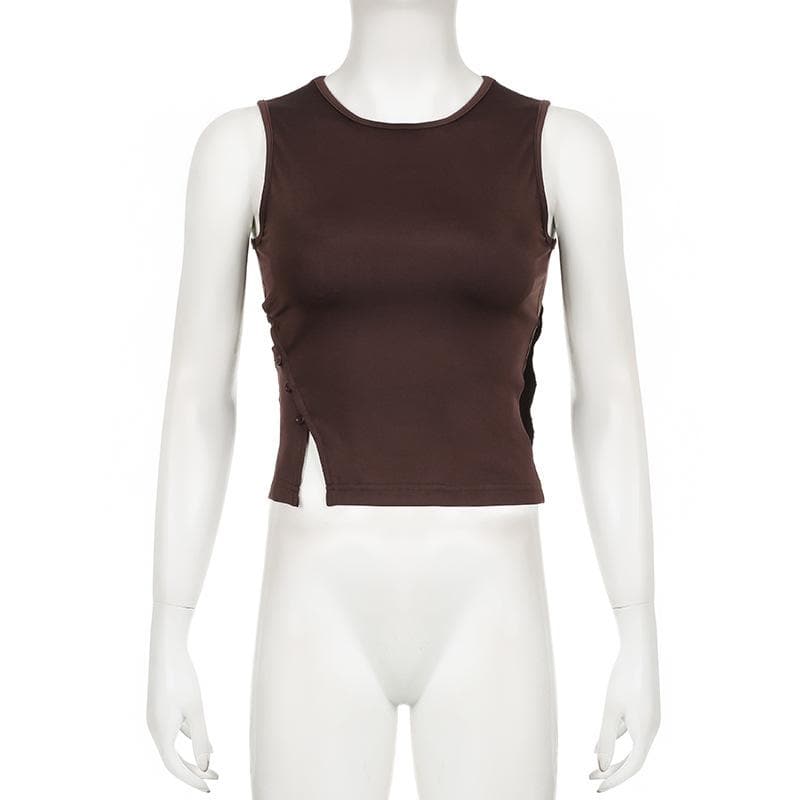 Irregular crewneck button hollow out cut out top