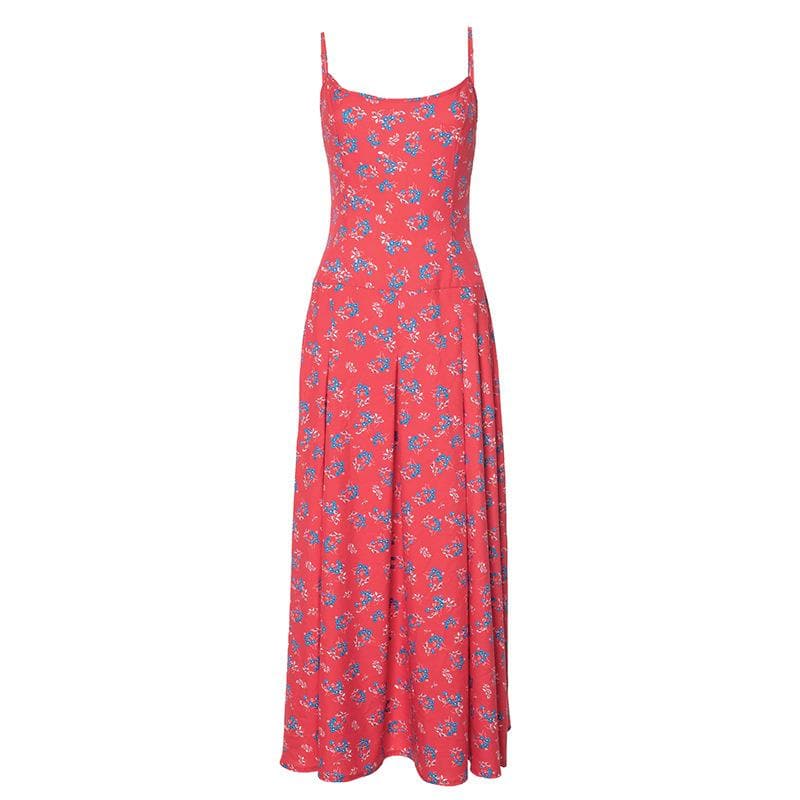 Flower print zip-up u neck cami maxi dress  | red tango dress