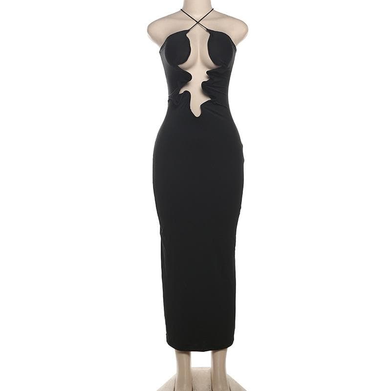 Hollow out cross front backless cami cut out maxi dress  | black rave dress