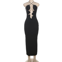 Hollow out cross front backless cami cut out maxi dress  | black rave dress