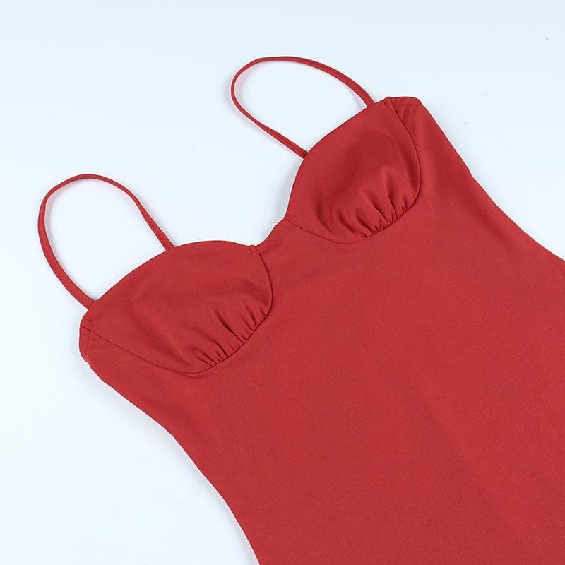 Sweetheart neck ruched solid backless cami mini dress  | red tango dress