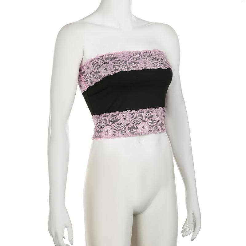 Lace patchwork contrast backless tube top