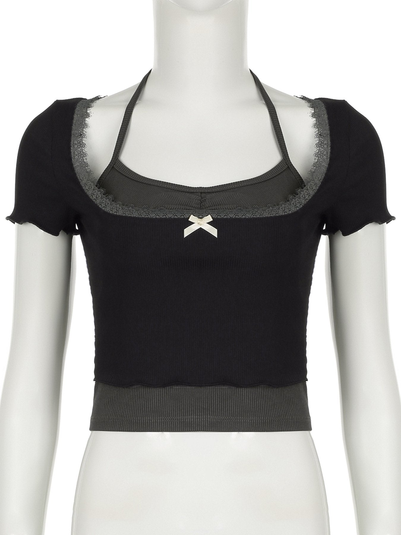 Short sleeve halter lace hem bowknot ribbed 2 piece top