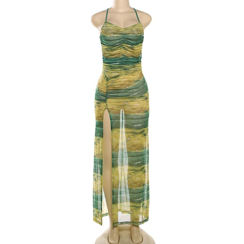 Sheer mesh contrast high slit ruched knotted cami maxi dress  | samba dress
