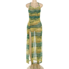 Sheer mesh contrast high slit ruched knotted cami maxi dress  | samba dress