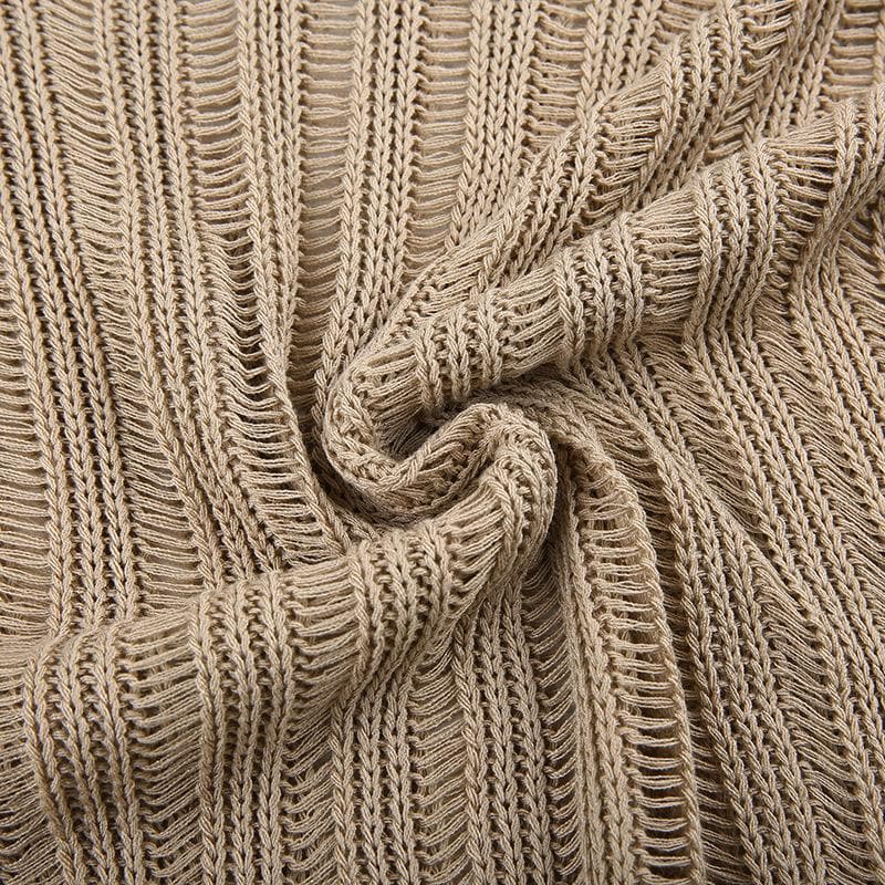 Irregular slit crewneck knitted long sleeve solid crochet top
