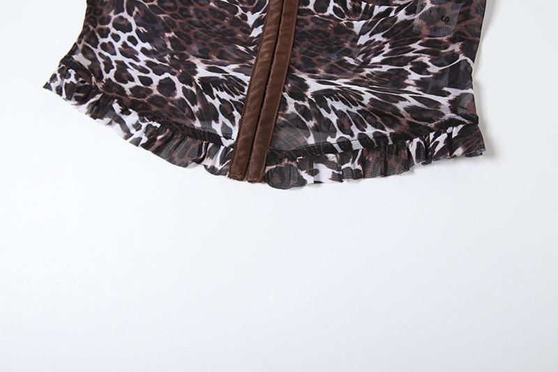 Leopard print mesh button cami short pant set