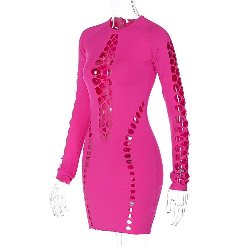 Hollow out long sleeve solid crewneck mini dress  | red tango dress