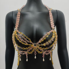 Metal chain beaded faux pearl cross backless bralette top