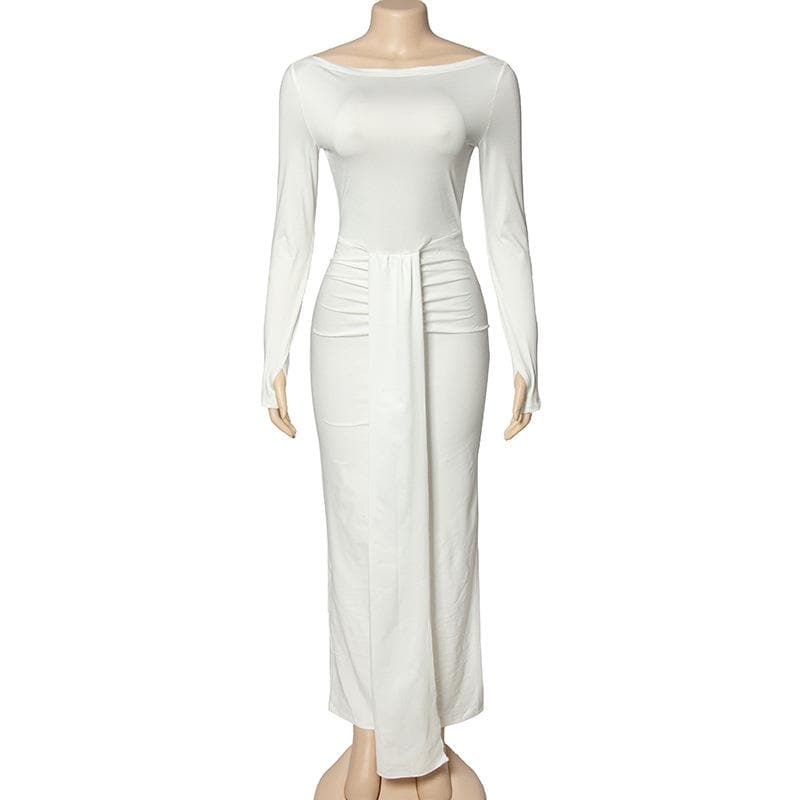 Ruched patchwork solid long sleeve round neck maxi dress