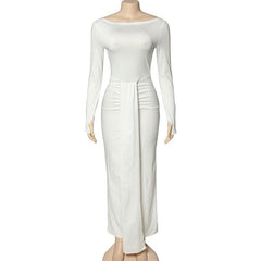 Ruched patchwork solid long sleeve round neck maxi dress
