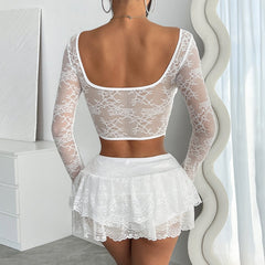 Long sleeve ruffle corset lace button top
