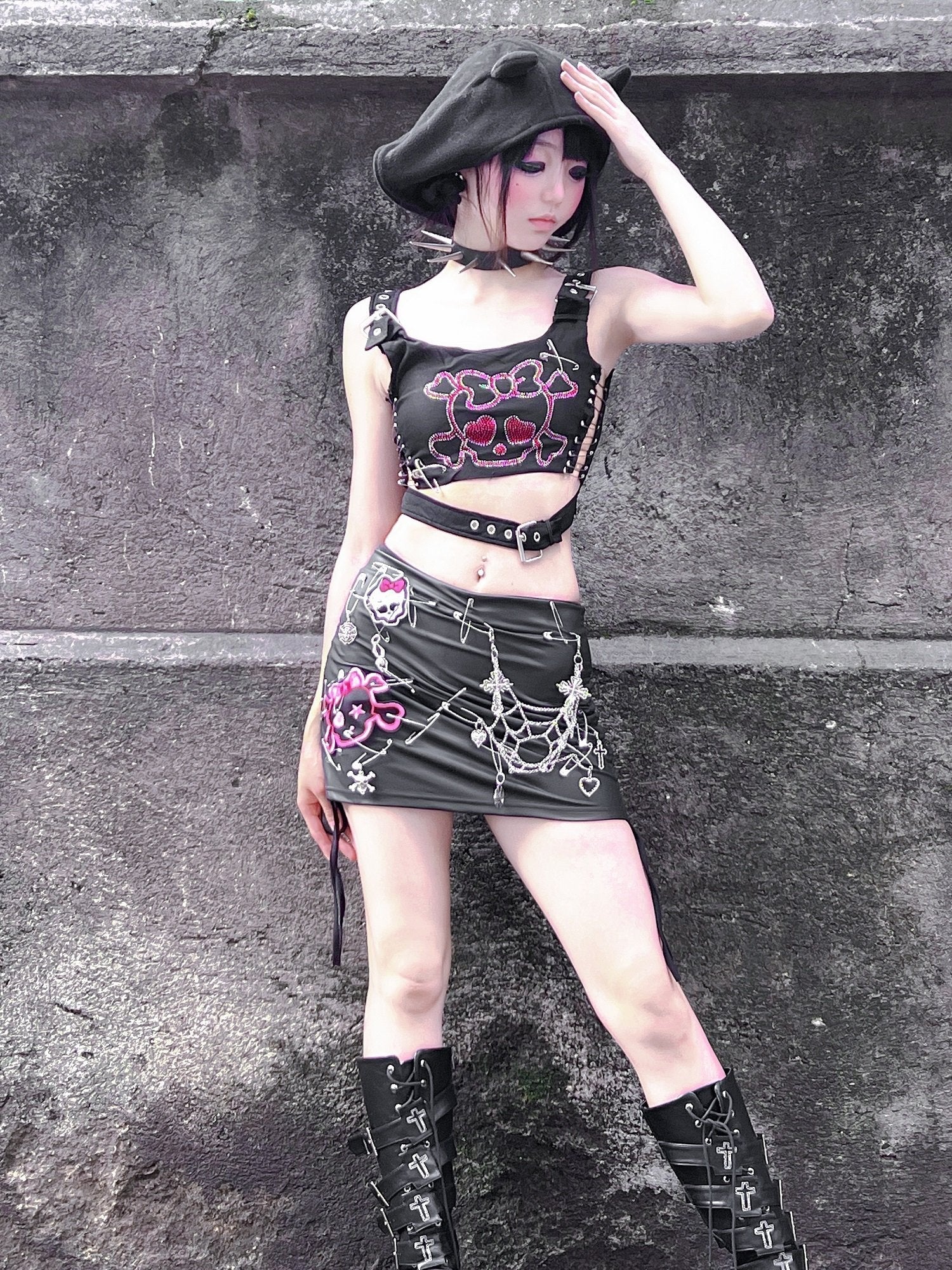 Skull pattern beaded drawstring buckle mini skirt set