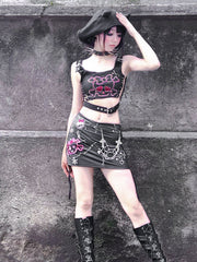 Skull pattern beaded drawstring buckle mini skirt set