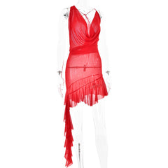Sleeveless cowl neck low cut ruffle ruched backless mini dress  | red tango dress