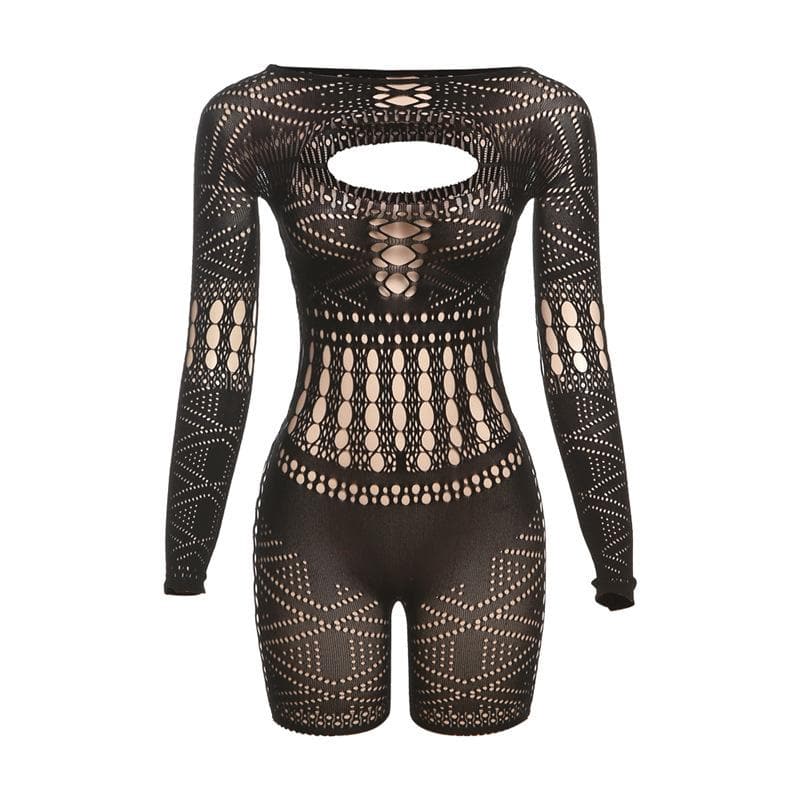 Long sleeve hollow out fishnet solid romper