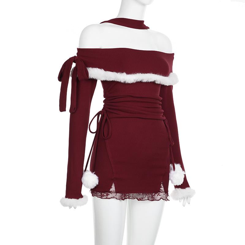 Halter off shoulder long sleeve fluffy self tie mini dress