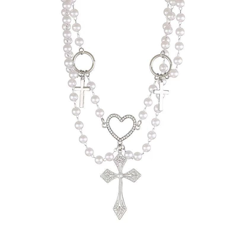 O ring faux pearl layered cross pendant choker necklace