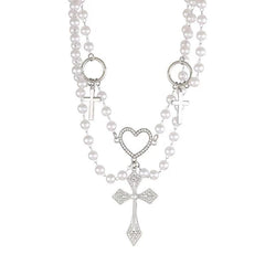 O ring faux pearl layered cross pendant choker necklace