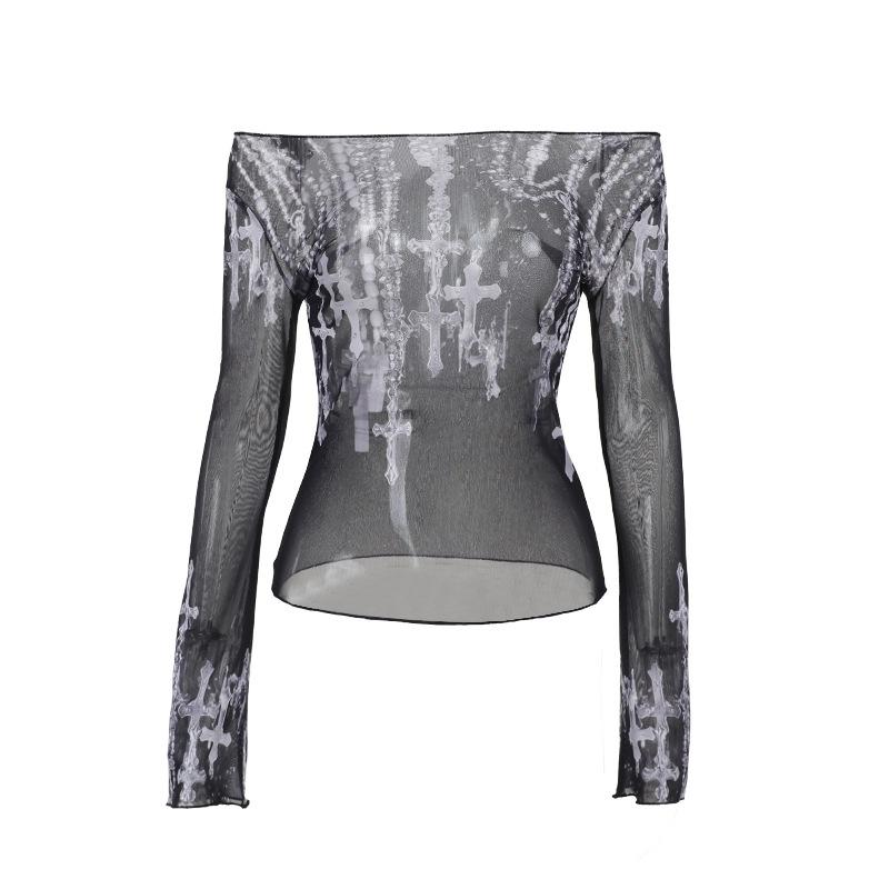 Long sleeve cross print off shoulder sheer mesh top