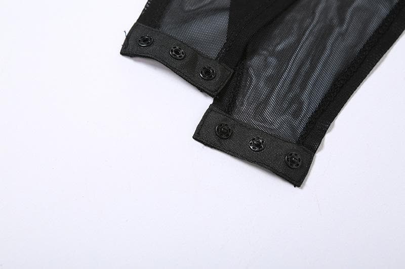 Sleeveless mesh see through gloves button gloves bodysuit