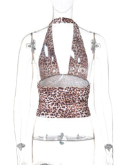 Leopard print halter backless crop top
