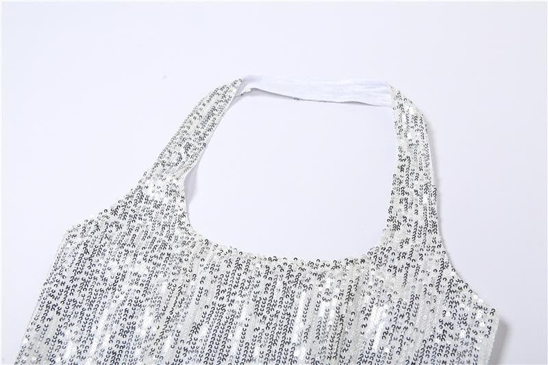 Beaded halter zip-up backless solid sleeveless crop top