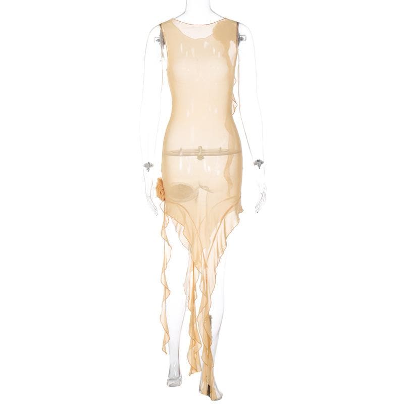 Ruffle sheer mesh see through flower applique ribbon sleeveless midi dress  | red tango dress  | samba dress