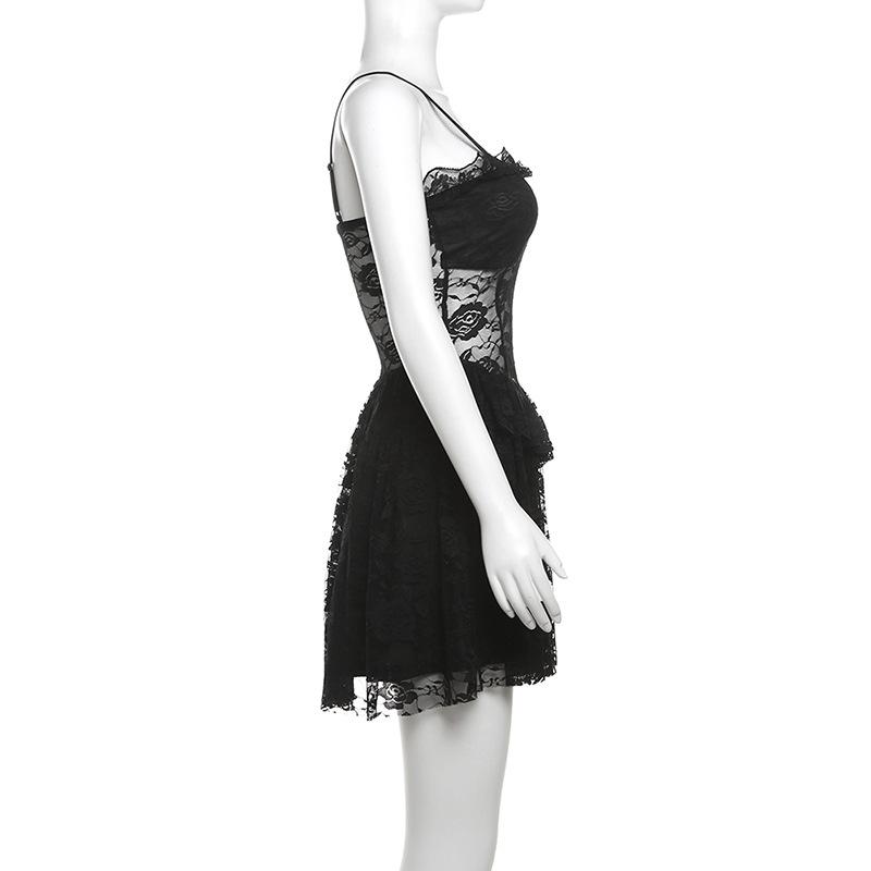 Sweetheart neck metal tag lace ruffle cami mini dress