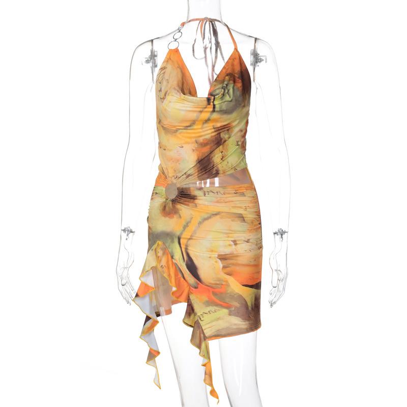 Halter print cowl neck o ring ruffle mini dress