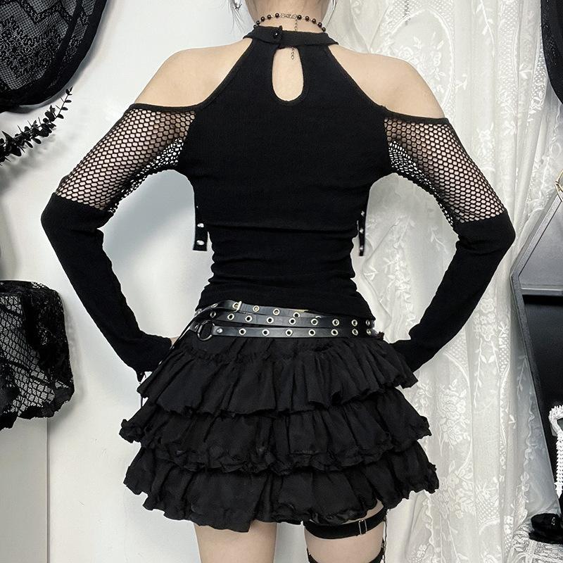 Off shoulder long sleeve fishnet patchwork buckle top