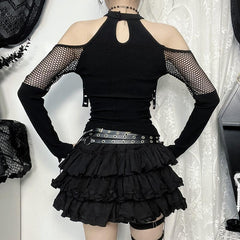 Off shoulder long sleeve fishnet patchwork buckle top