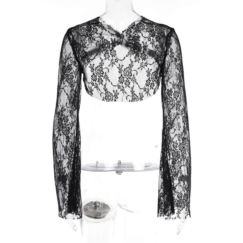 Flared sleeve ruched lace solid shrug top
