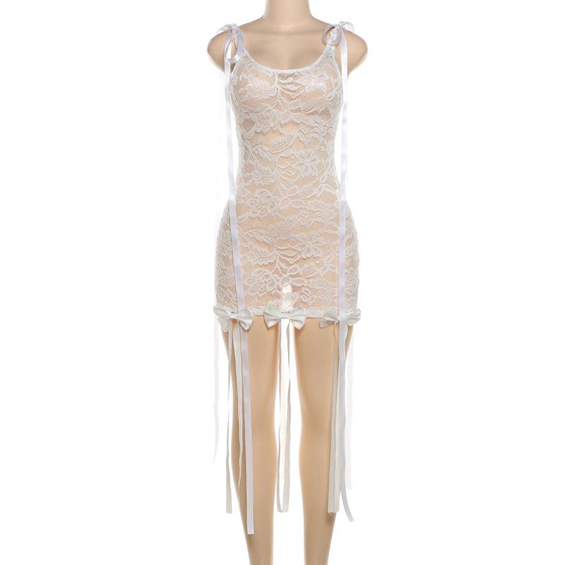 Sleeveless u neck lace bowknot knotted ribbon see through mini dress