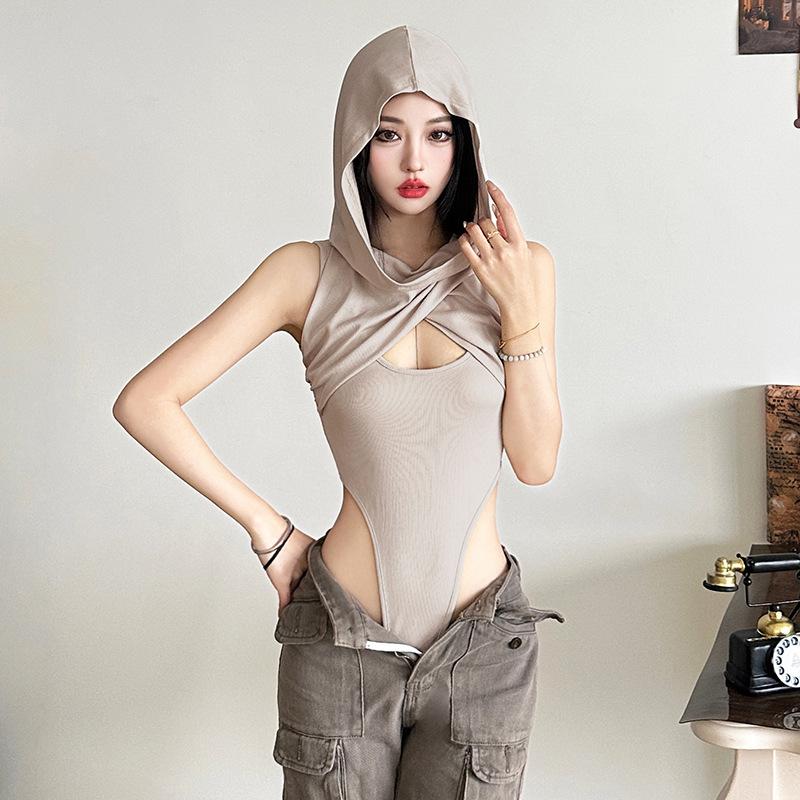 Hoodie sleeveless cross front hollow out bodysuit