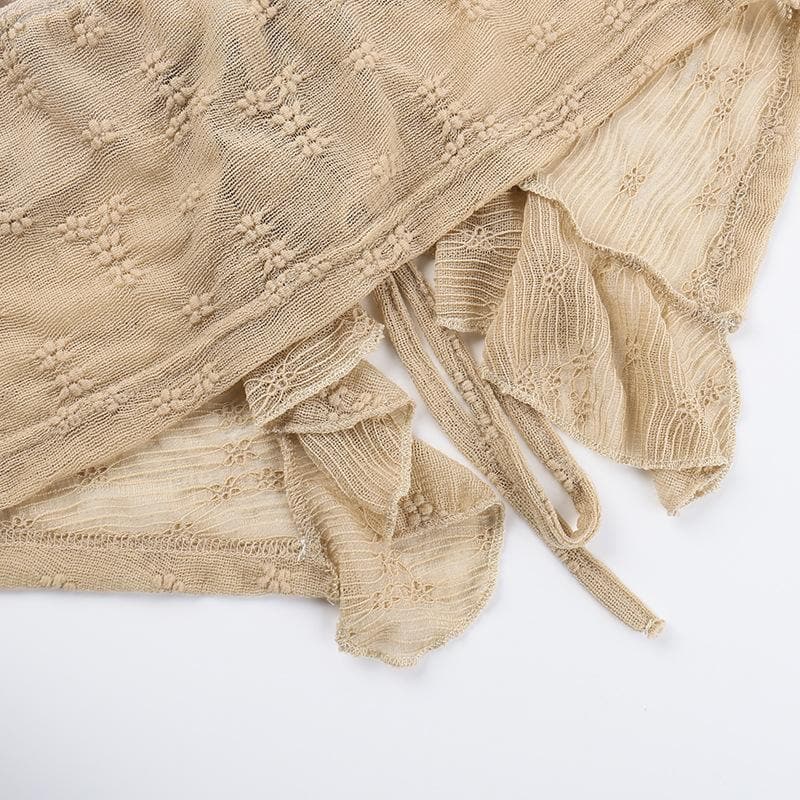 Ruffle textured v neck lace hem cami top