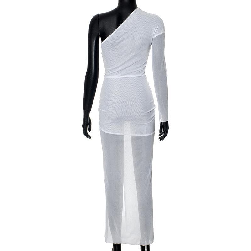 Long sleeve one shoulder ruched high slit maxi dress